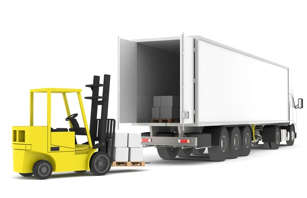 Loading the Truck. Forklift loading a Trailer. Part of a Blue and yellow W — Stock Photo, Image