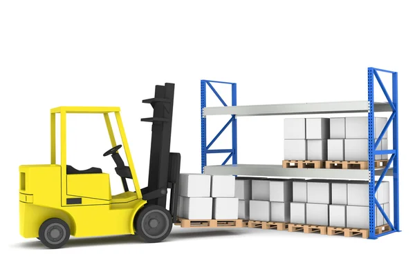 Forklift and shelves. Forklift loading Pallet Rack.Part of a Blue and yello — Stock Photo, Image