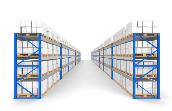 Estantes de almacén 2 filas. Sombras del piso. Parte de un almacén azul y logis —  Fotos de Stock