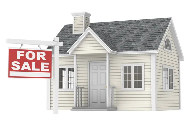 Haus zum Verkauf. ein einfaches Haus mit einem zum Verkauf stehenden Schild — Stockfoto