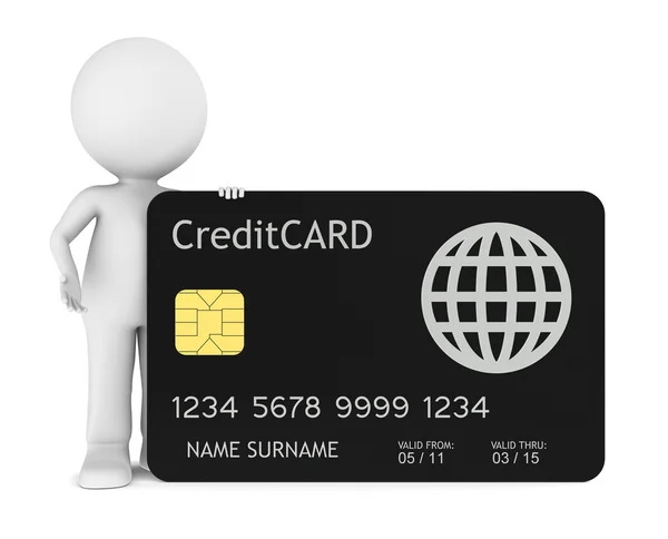 3D μικρή ανθρώπου που κρατώντας μια πιστωτική κάρτα — Φωτογραφία Αρχείου