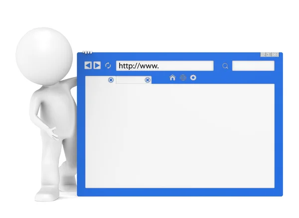 Caráter humano pequeno 3D e uma janela do navegador — Fotografia de Stock