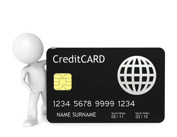Personagem humano pequeno 3D que prende um cartão de crédito . — Fotografia de Stock