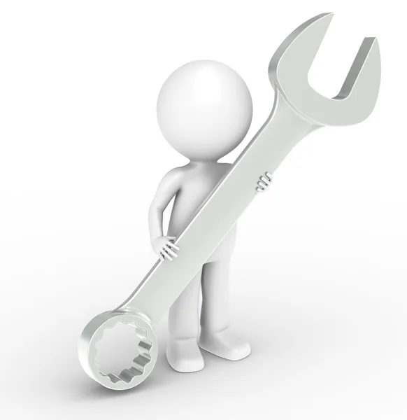 3d little human character with a big tool — Stock Photo, Image