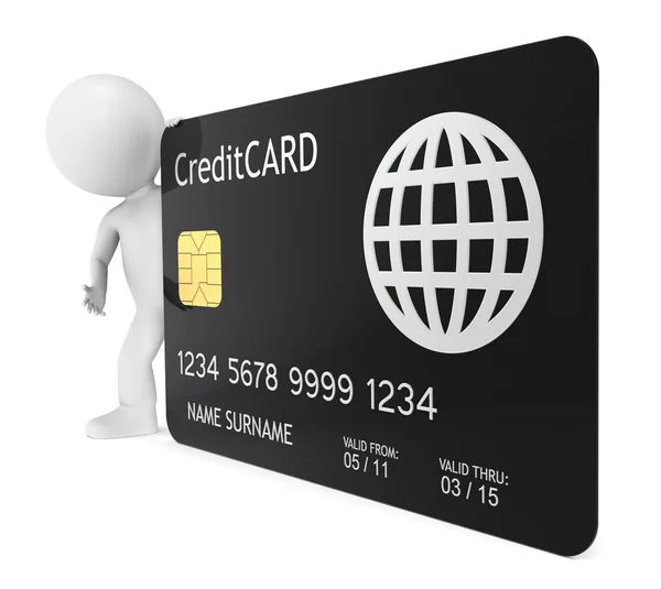 3D pequeño personaje humano con una tarjeta de crédito —  Fotos de Stock