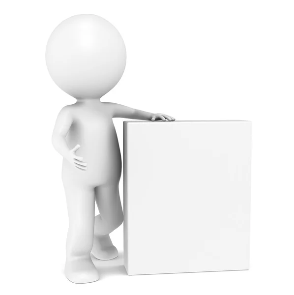 Caráter humano pequeno 3D com caixa de produto em branco — Fotografia de Stock
