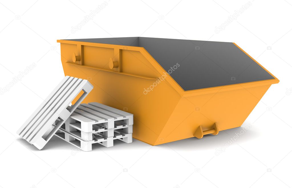 Skip. Orange with some pallets. Isolated on white