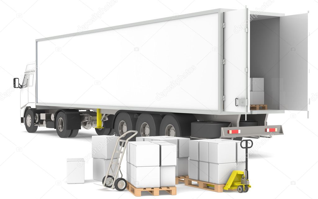 Distribution. Open trailer with pallets, boxes and trucks. Part of a Blue a
