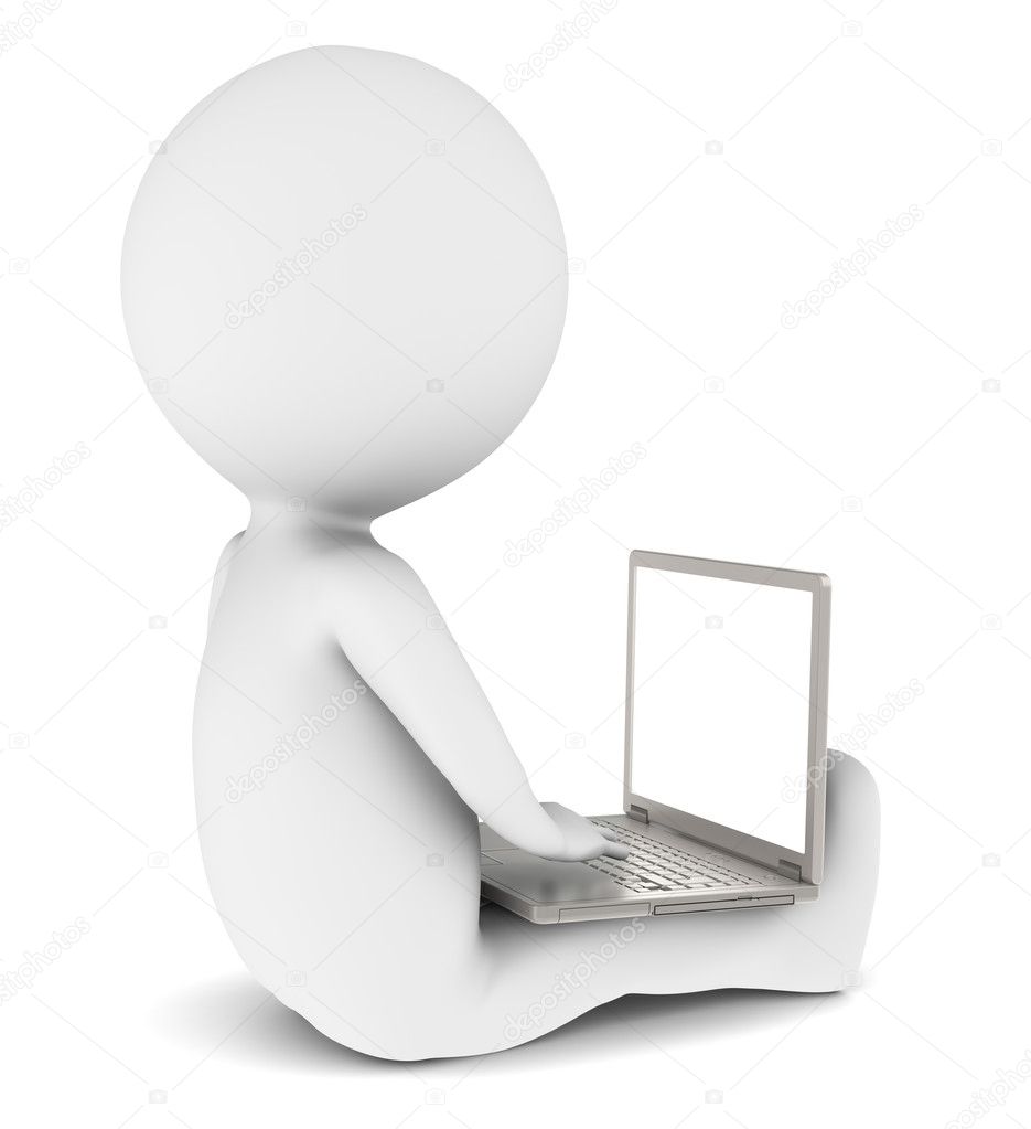 3d little human character with a Laptop