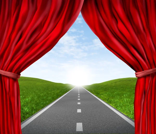 Road with red velvet curtain and drapes — Stock Photo, Image