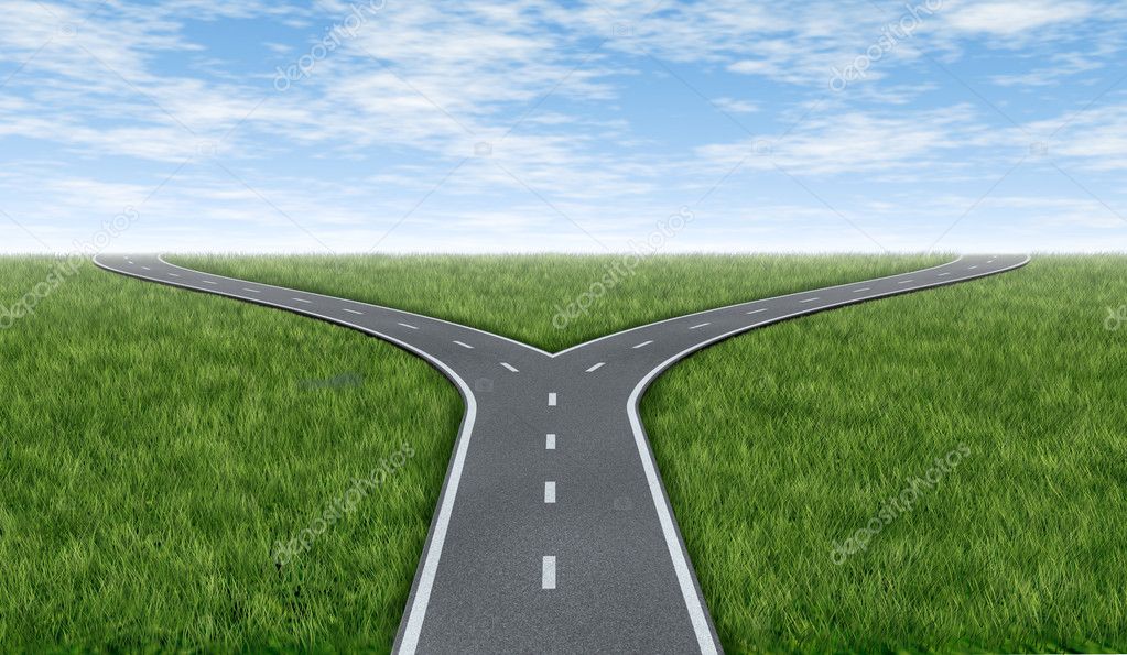 Crossroad Decision Dilemma With Two Roads Crossing As A Business Symbol Of  Facing Difficult Financial Choices Deciding To Choose The Best Path To  Success And Wealth On A Green Grass Summer Landscape