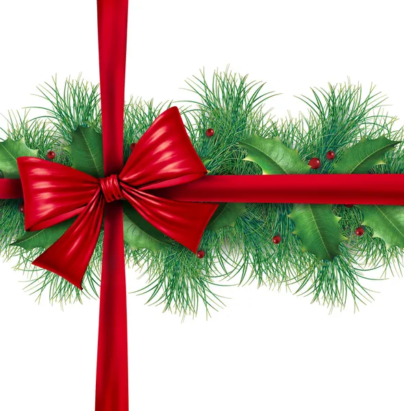 Rode boog Geschenkverpakking met pine rand — Stockfoto