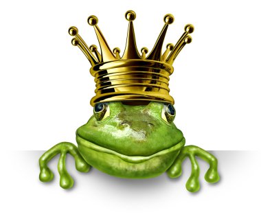 Frog prince with gold crown holding a blank sign clipart