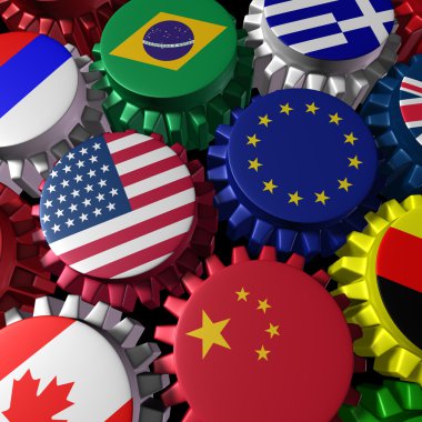 Global economy machine with U.S.A and Europe in the center clipart
