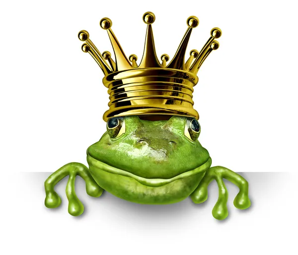 Frog prince with gold crown holding a blank sign — Stock Photo, Image