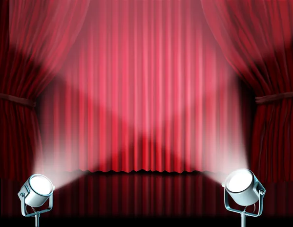 Projecteurs sur les rideaux de cinéma en velours rouge — Photo