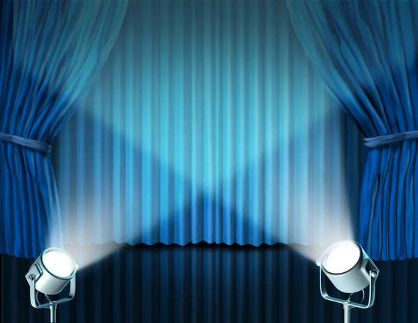 Holofotes em cortinas de cinema de veludo azul — Fotografia de Stock