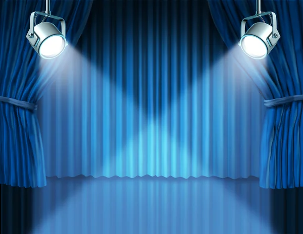 Точкові світильники на блакитних оксамитових шторах кінотеатру — стокове фото