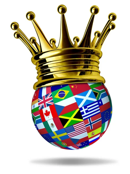 World leader with global flags and gold crown — Stock Photo, Image