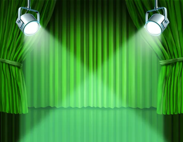 Holofotes em cortinas de cinema de veludo verde — Fotografia de Stock