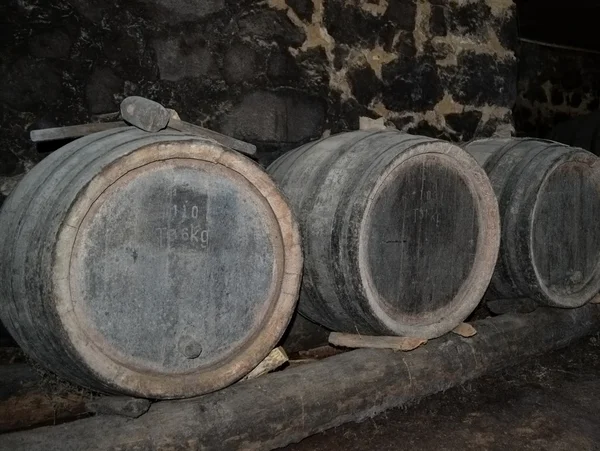 stock image Barrels in a wine-cellar