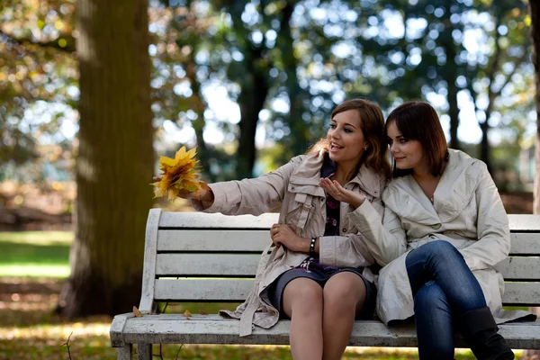 Jovens meninas bonitas fofocando no parque de outono — Fotografia de Stock