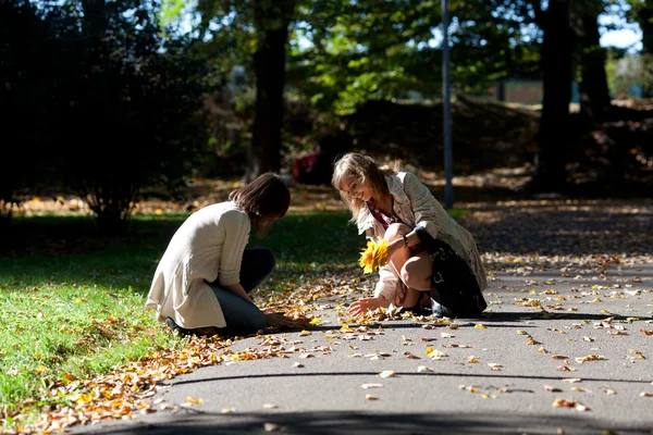 Duas jovens brincam no parque de outono — Fotografia de Stock