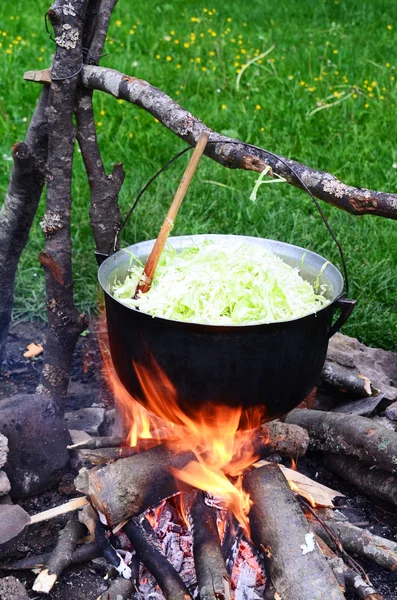 Cauldron with cabbage on outdoor camping