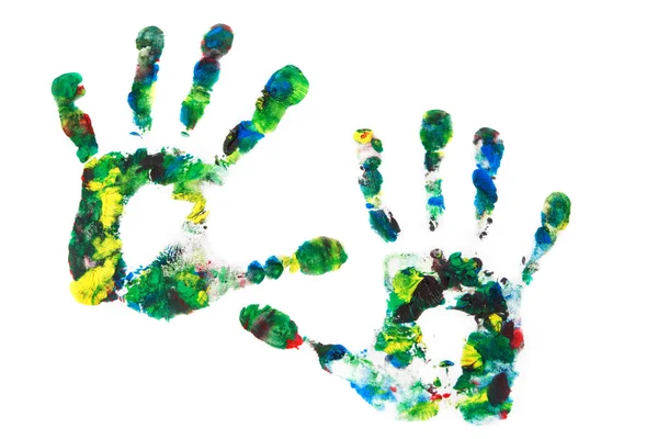 stock image Close up of colored hand print on white background.