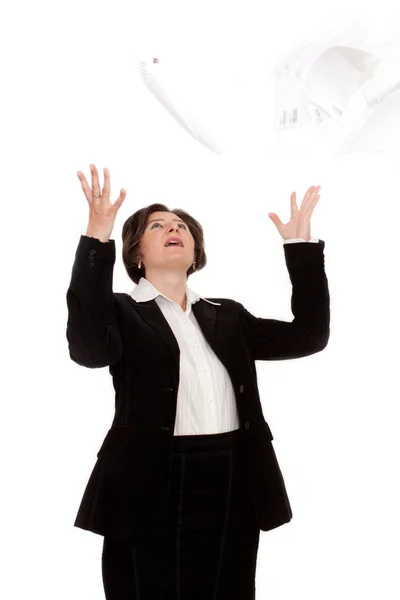 Jovem mulher de negócios vomitando documentos — Fotografia de Stock