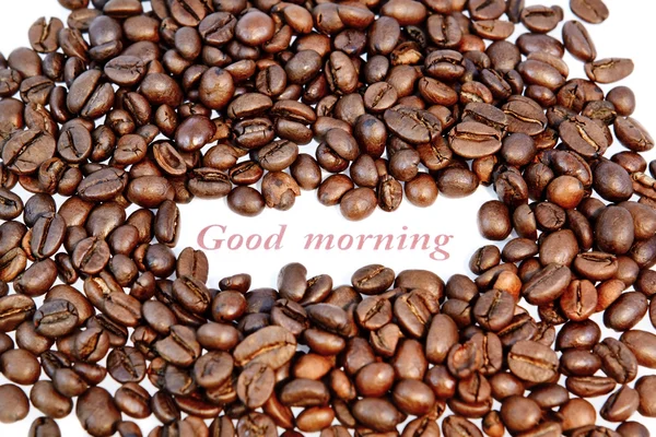 Kaffebönor på vit bakgrund, hälsning — Stockfoto