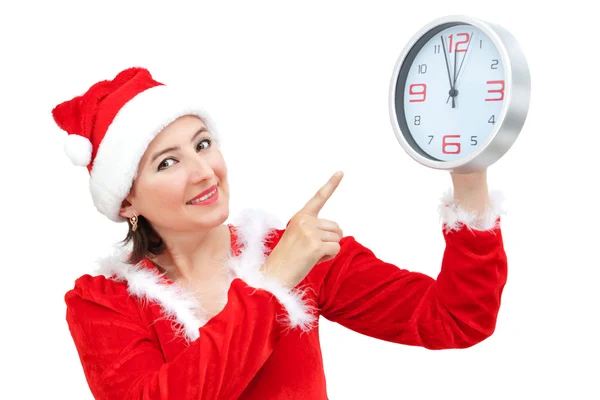 Vacker flicka håller jul klocka. — Stockfoto