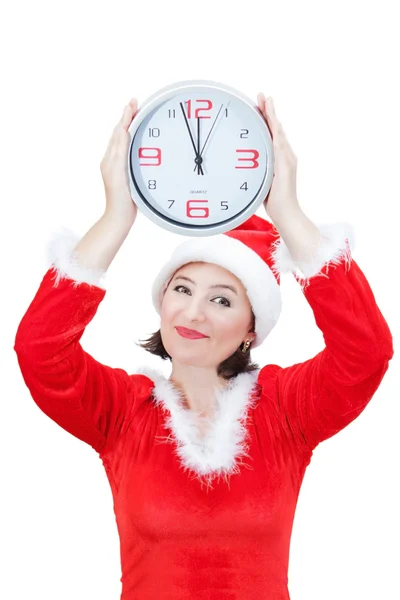 Linda garota segurando o relógio de Natal. — Fotografia de Stock