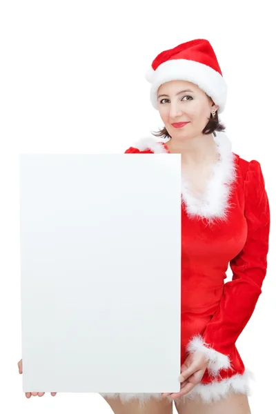 Bella ragazza in costume di Natale, tenendo un banner bianco — Foto Stock