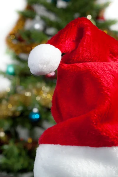 Red Hat santa on the background of green trees — Stock Photo, Image
