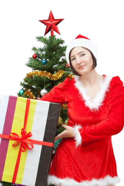 Garota em trajes de Natal com presentes. — Fotografia de Stock
