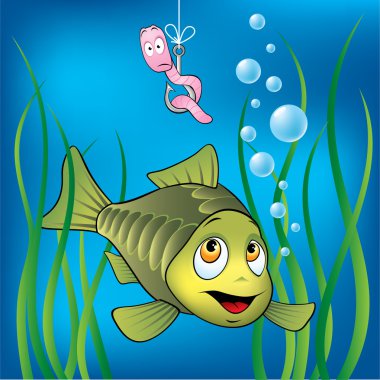 Funny fish and worm clipart