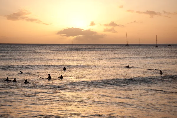 Surfers bij zonsondergang Rechtenvrije Stockafbeeldingen