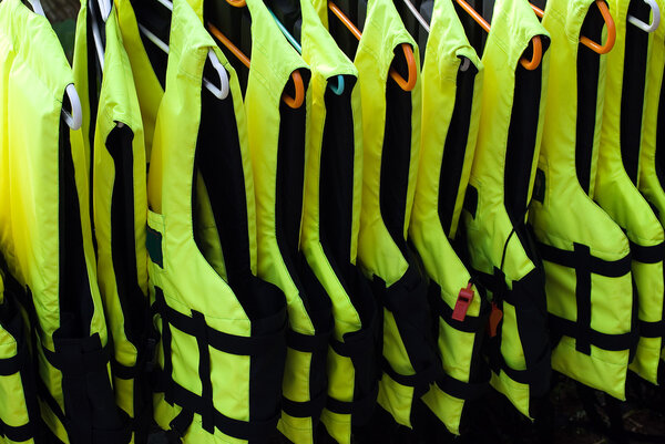 Life vests in a row