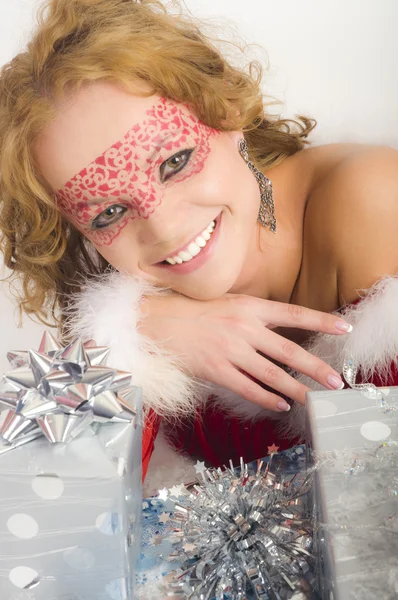 Vánoční žena s dárky box — Stock fotografie