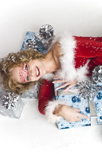 Christmas woman with gifts box — Stock Photo, Image