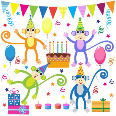 Set of vector birthday party elements with funny monkeys clipart