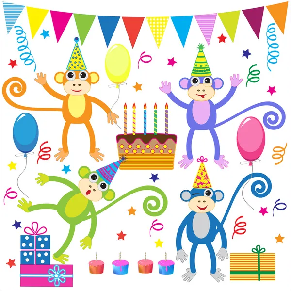 Komik maymunlar ile vektör doğum günü partisi öğeleri kümesi — Stok Vektör