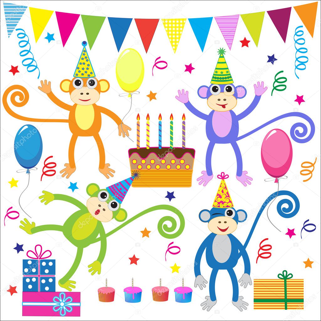 Set of vector birthday party elements with funny monkeys