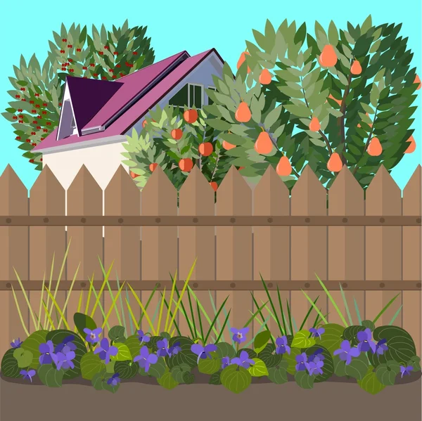 Maison avec jardin et fleurs — Image vectorielle