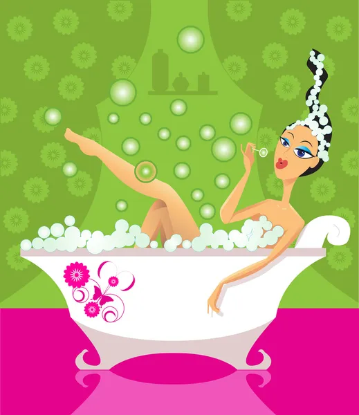 Menina tomando banho na banheira — Vetor de Stock