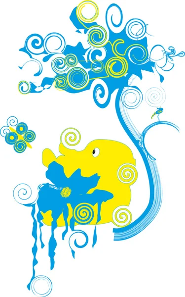 The unusual yellow elephant sits under a tree — Stock Vector