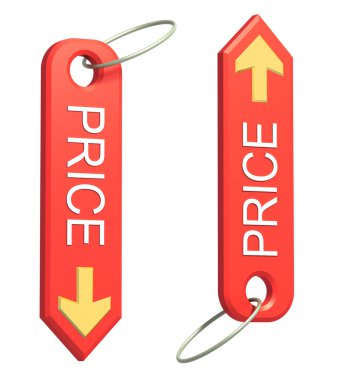 Red trinket with the word price and yellow arrow clipart