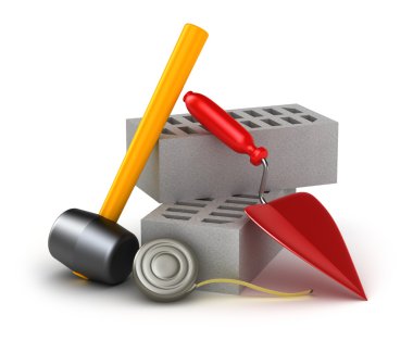 Building tools : hammer trowel and brick. Isolated on white. clipart