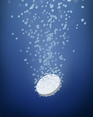 Dissolving pill with bubbles on blue background clipart